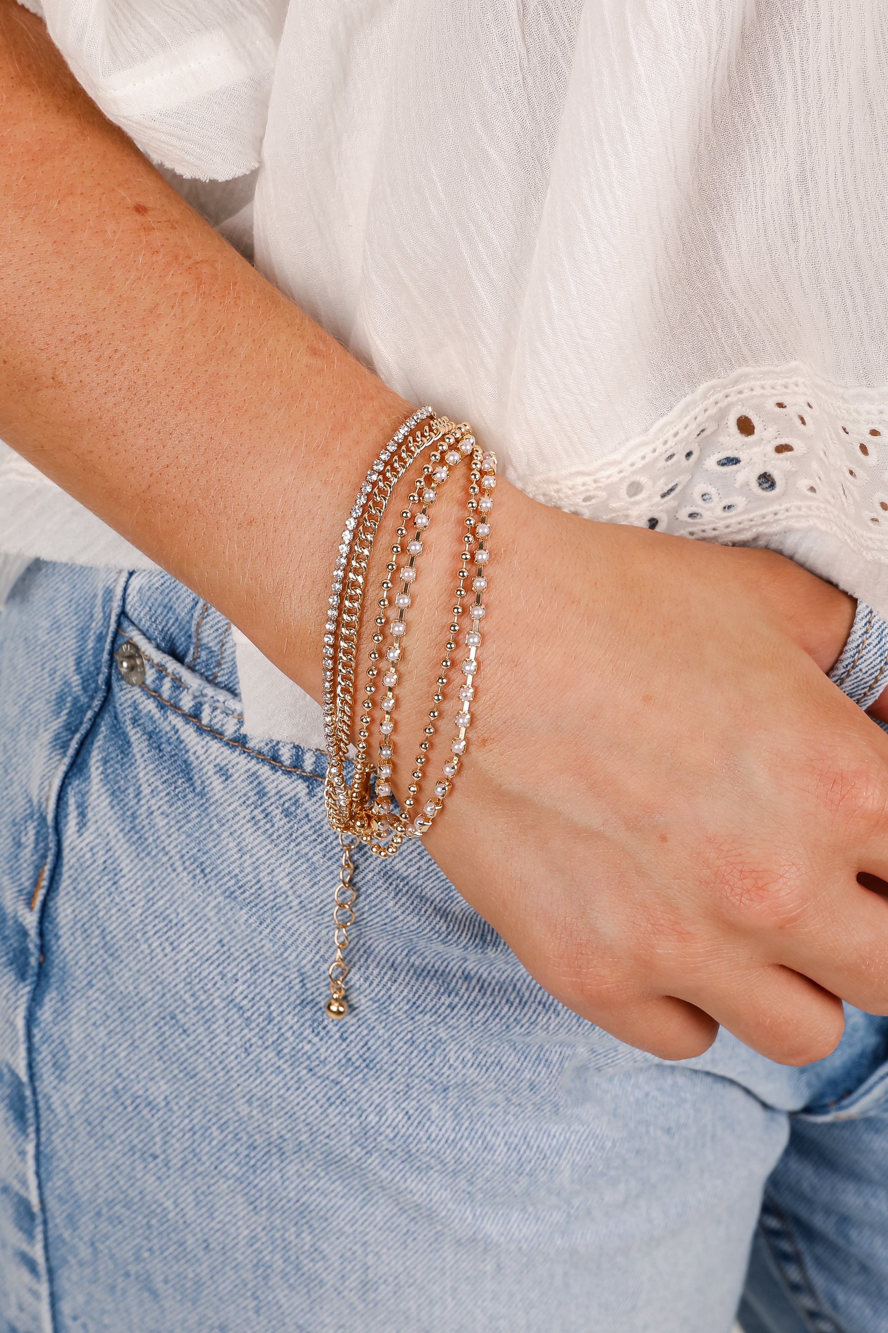 Laura Gold Rhinestone + Pearl Layered Chain Bracelet
