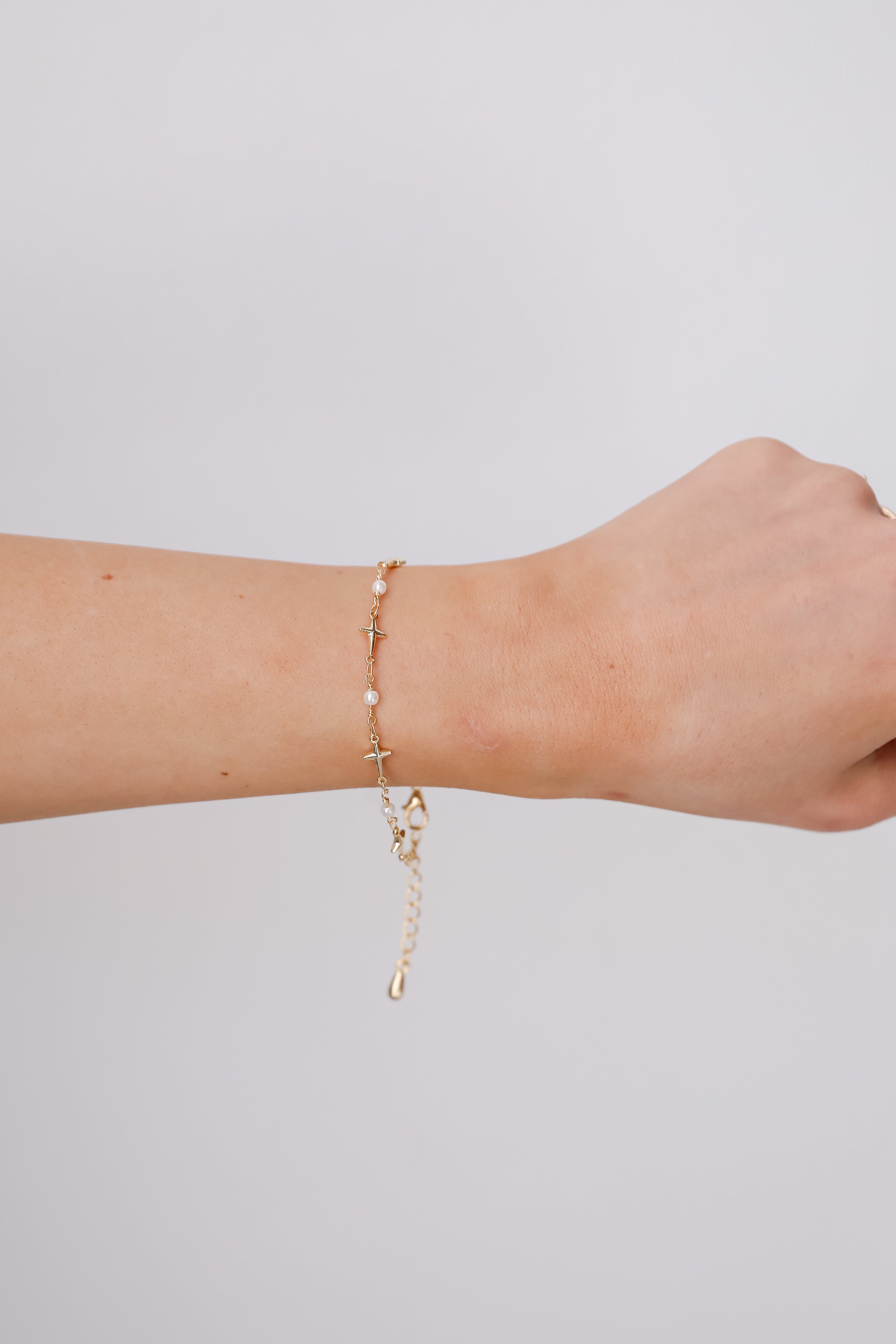 Charlotte Gold Cross + Pearl Chain Bracelet