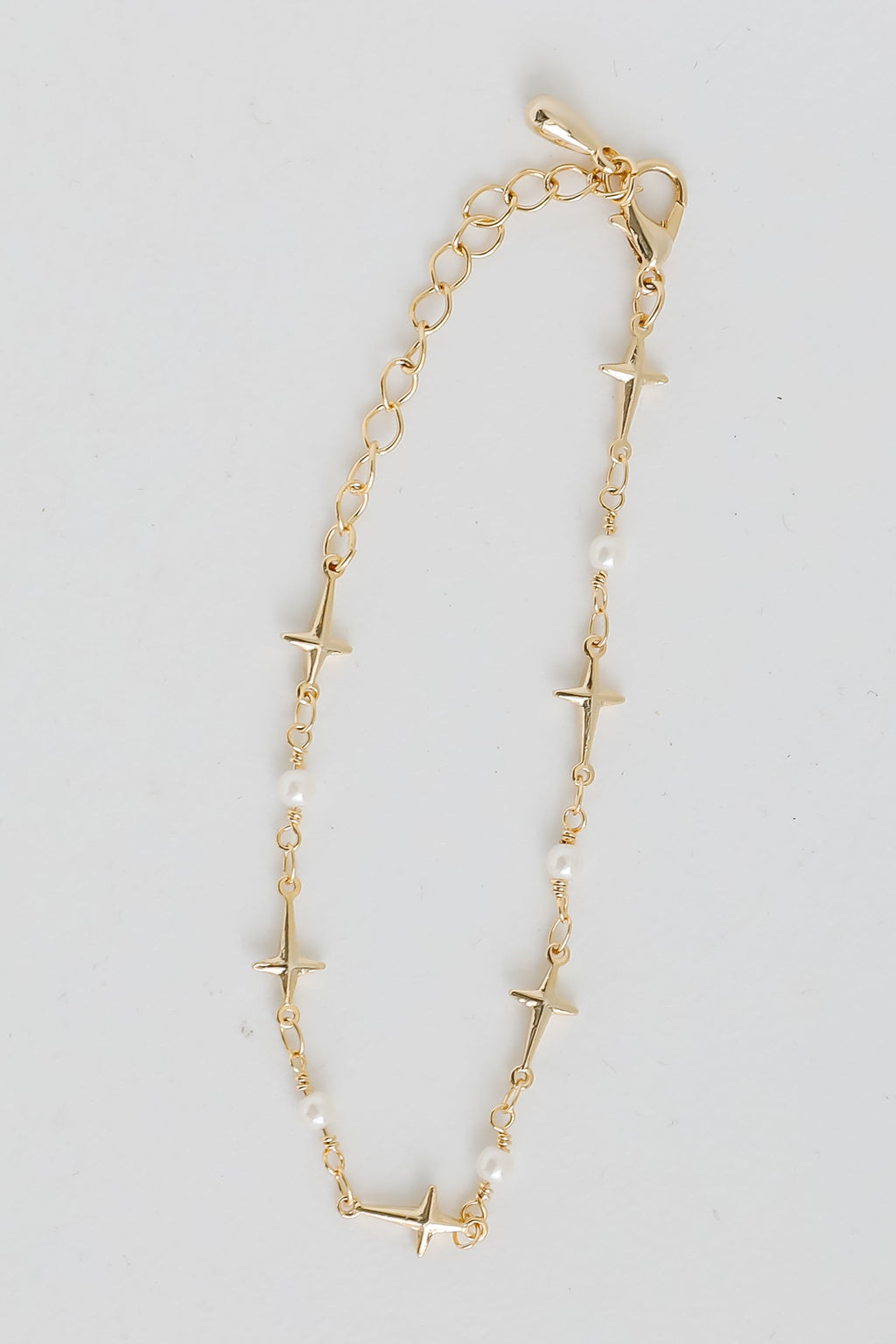 Gold Cross + Pearl Chain Bracelet