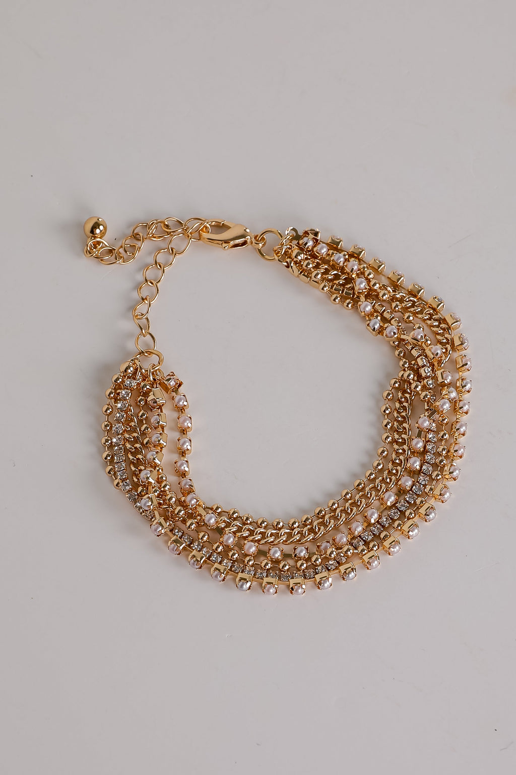 Laura Gold Rhinestone + Pearl Layered Chain Bracelet