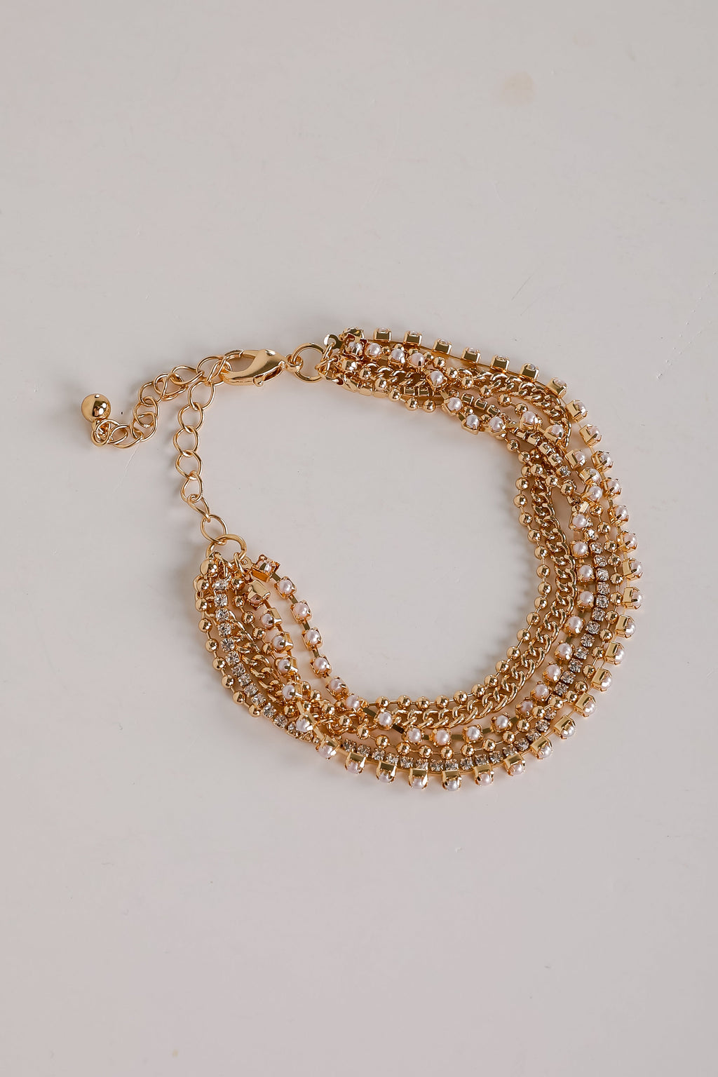 Laura Gold Rhinestone + Pearl Layered Chain Bracelet