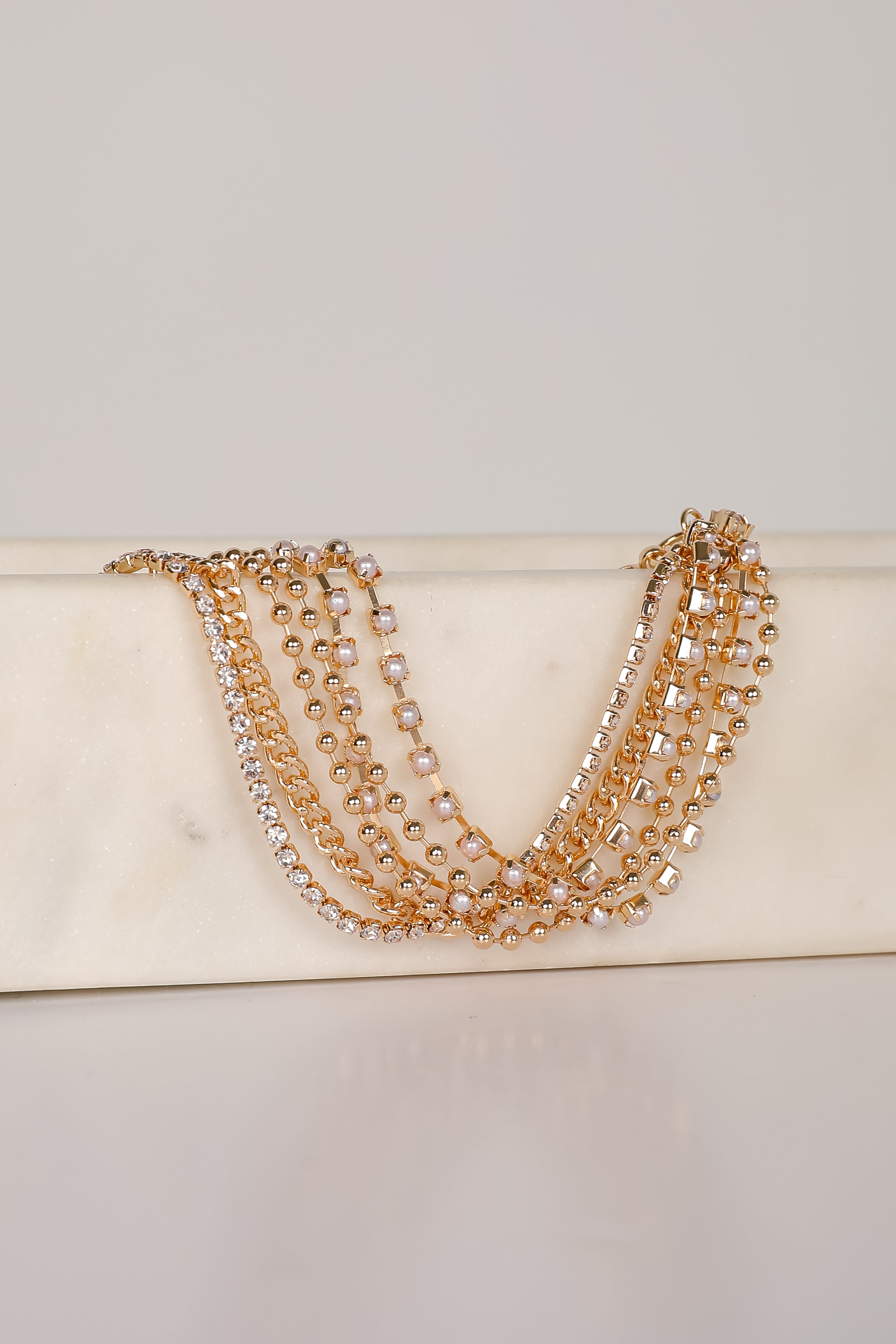Laura Gold Rhinestone + Pearl Layered Chain Bracelet