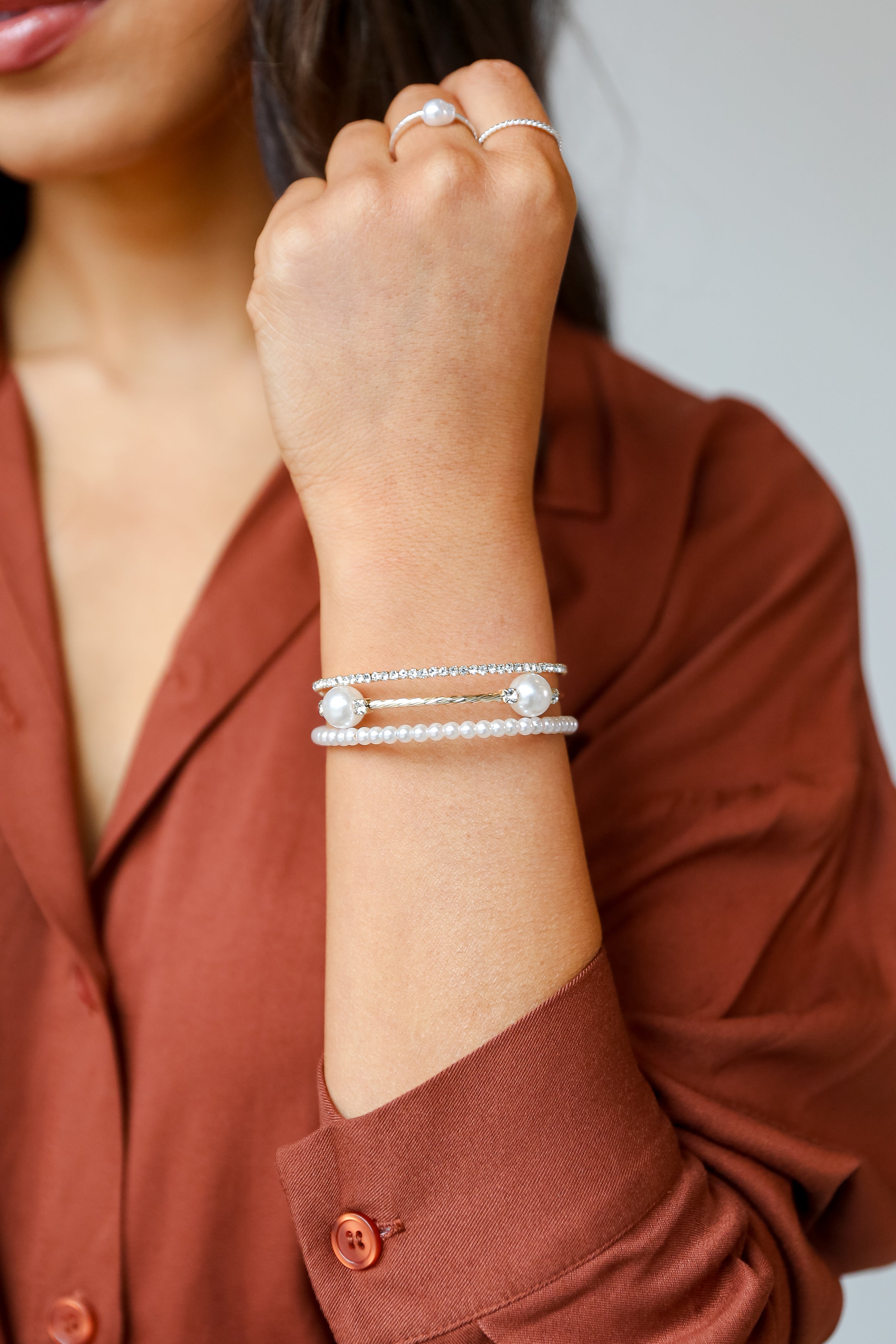 Alayna Gold Pearl + Rhinestone Bracelet Set